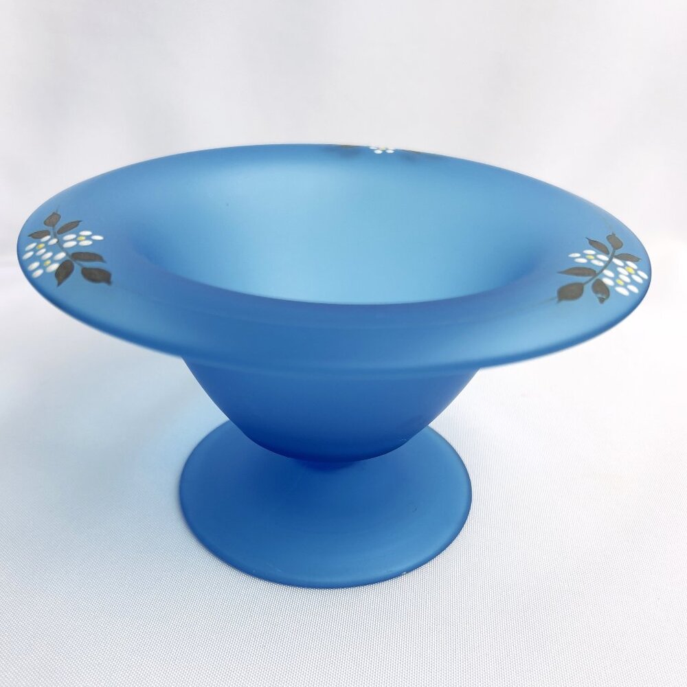Westmoreland Blue Satin Glass Rolled Edge Compote Vintage Hand-Painted Floral